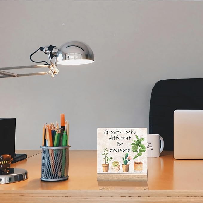 Inspirational Office Desk Decor Sign Gifts For Women Social Worker Motivational Quotes Desk Decor Growth Looks Different For Everyone Signs Cute Plant Office Decorations For Work Table Decor Sign