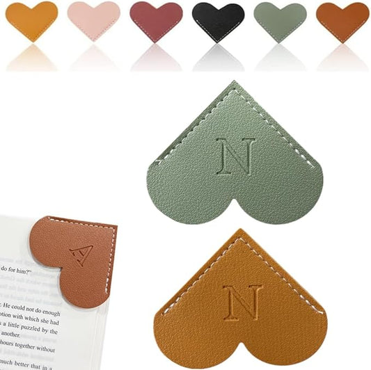 Personalized Leather Heart Bookmark, 26 Letters Customized Corner Book Mark for Reading Women, Book Marker with Initials，Cute Gifts (Green+Light Brown, N)