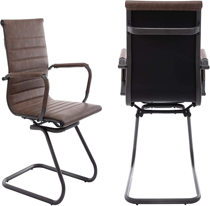 Office Desk Chair No Wheels Set of 6 PU Leather Computer Chairs Mid Back Guest Chairs for School Reception Conference Waiting Room, Vintage Brown
