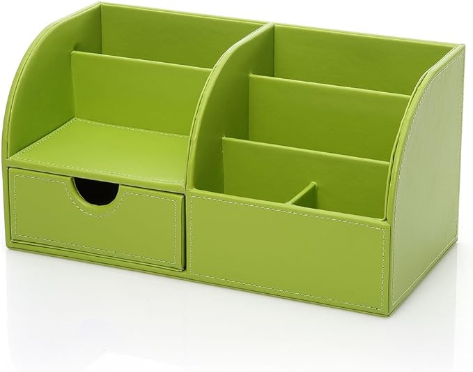 KINGFOM Pu Leather Desk Organizer Pen Pencil Holder Office Supplies Caddy Storage Box 6 Compartments with Drawer Green