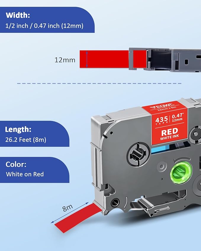 Tz Tape Tz-435 White on Red Label Tape Compatible for Brother Tze-435 Tze435 12mm 0.47 Laminated Tze 1/2 Refill Work for Brother Label Maker P-Touch PT-D210 PT-H110 PT-D220 PT-D200 PT-D400 PT-1080