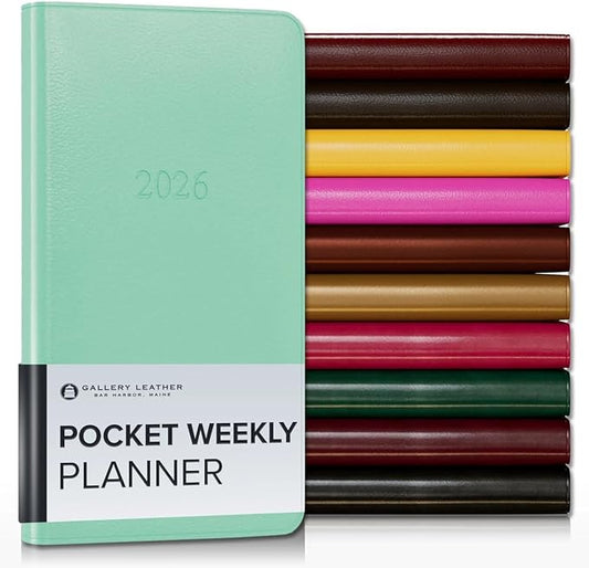 Gallery Leather Pocket Weekly Monthly Planner 2025-2026, Elegantly Bound Calendar Planner and Notebook with Stylish Gold-Gilded Page Edges, 12 Months - Caribbean Sea Glass - 6 x 3.25 "