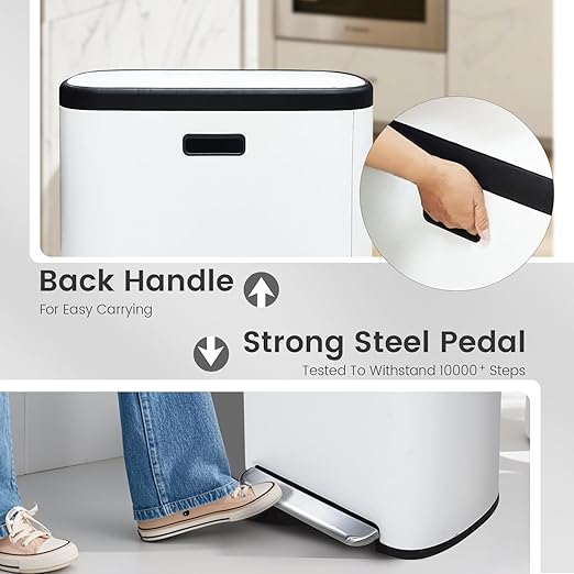 16 Gallon Dual Trash Can, Kitchen Recycling Bins with 2 x 8 Gallon Compartments, 2 Plastic Removable Liners, Soft-Close Lid, Stainless Steel Step Trash Can, White