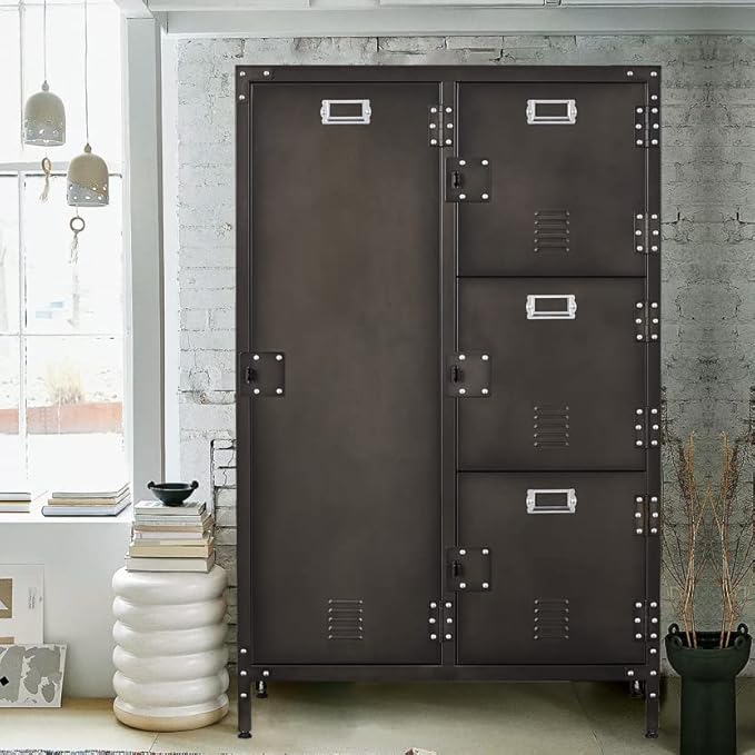 MIIIKO Steel Wardrobe Cabinet Locker, Rustic Metal Storage Cabinet with Shelf, Lockable Doors and Hanging Rod, Industrial Locker for Living Room, Bedroom, Home Office and Club