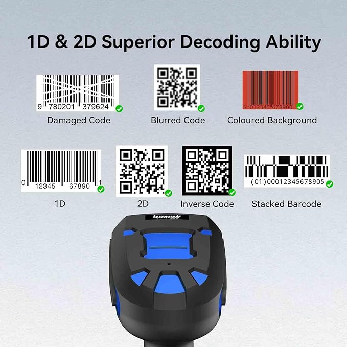 Alacrity Upgraded 2D Industrial Barcode Scanner with Wireless Charging Stand, 1968 Feet Transmission Distance 433Mhz Wireless & Bluetooth 2in1 Barcode Reader, Shock Dust Proof Hands Free, Blue