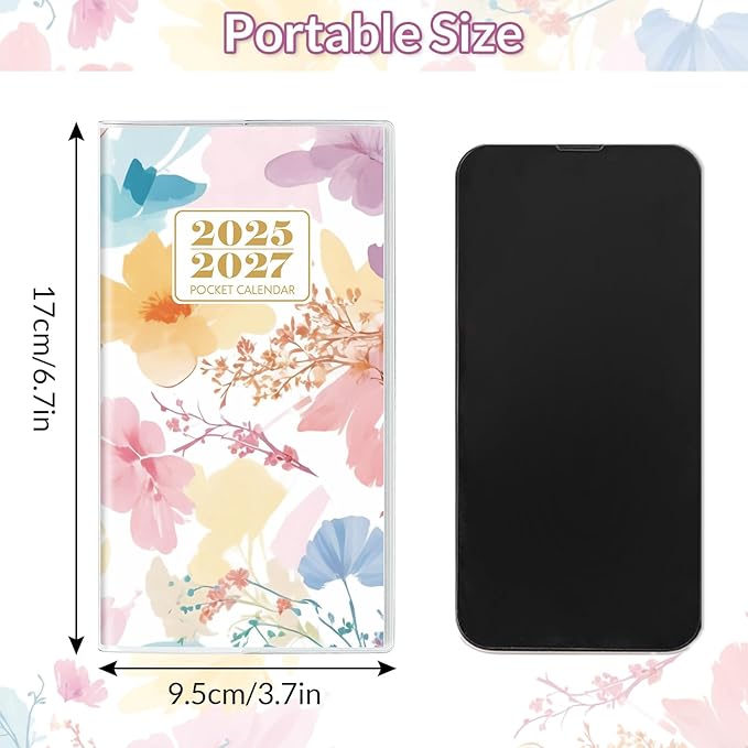 Pocket Calendar 2025-2027, Floral 2025-2027 Monthly Planner - 3.7" x 6.7" - Runs from September 2025 Until December 2027, 2026 Pocket Calendar with PVC Cover for Organizing & Planning