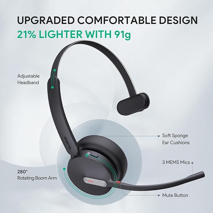 Yealink BH70 Mono Wireless Bluetooth Headset with Microphone for Work, up to 35h Talking Battery Life, 3-Mic Noise Cancellation, 91g Lightweight Microsoft Teams Certified Work Headsets for PC