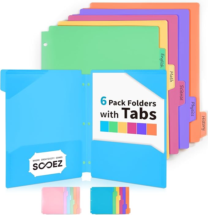 Sooez Plastic Folders with Pockets and Tabs, 6 Pack Pocket Folders with Writable Label Stickers, Fits 3-Ring Binder, Holds Letter/A4 Size Paper, Back to School Office Filing Supplies, Bright Colors