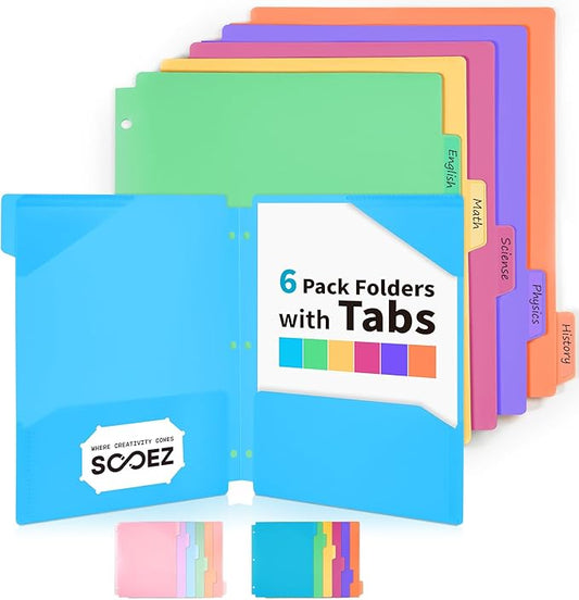 Sooez Plastic Folders with Pockets and Tabs, 6 Pack Pocket Folders with Writable Label Stickers, Fits 3-Ring Binder, Holds Letter/A4 Size Paper, Back to School Office Filing Supplies, Bright Colors