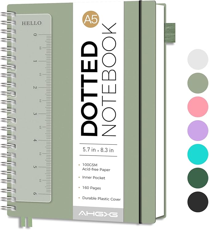 AHGXG Bullet Dotted Journal - Dot Grid Spiral Notebook A5, 160 Pages, 100 GSM Thick Paper, Waterproof Plastic Cover Journals for Bullet Journaling, Sketching, 5.7" x 8.3", Sage Green