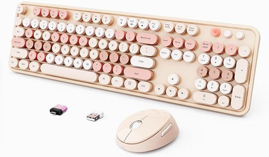 Wireless Keyboard and Mouse Combo, Ergonomic Full Size Typewriter Retro Round Keycaps Keyboard, Compatible with Windows, PC, Perfer for Home and Office Keyboards (Chocolate Color)