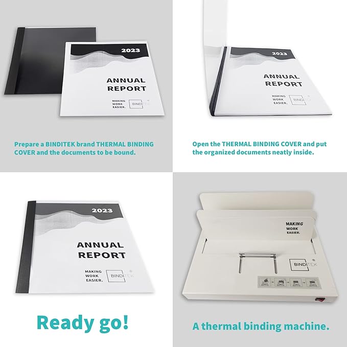 Binditek 10 Pack Thermal Binding Presentation Covers, 1 Inch Spine, Holds 220 Sheets, Ultra Clear Front Cover, Black Paper Back Cover, Letter Size, for Students and Coworkers