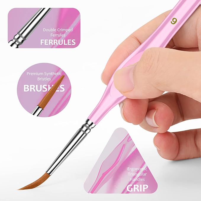 Miniature Paint Brushes,10Pcs Round Pointed Tip Paintbrushes, Micro Detail Paint Brush Set, Triangular Grip Handles Art Brushes Perfect for Acrylic, Watercolor, Oil, Craft (Blush)