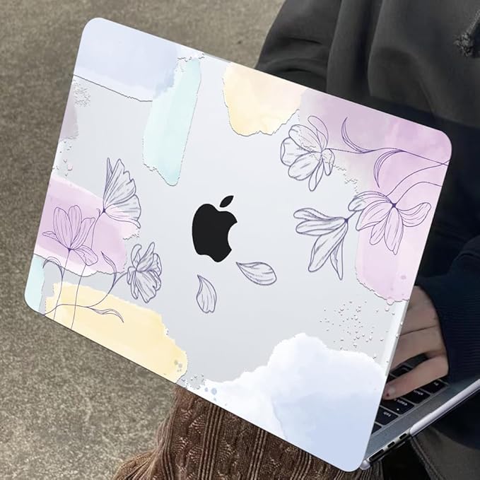 for MacBook Air 13.6 inch Case 2025 M4 A3240 2024 M3 A3113 2022 2023 A2681 M2 Chip, Crystal Plastic Pattern Hard Shell Case Cover for Mac Air 13.6 M4 2025 Touch ID, Watercolor Line Flowers