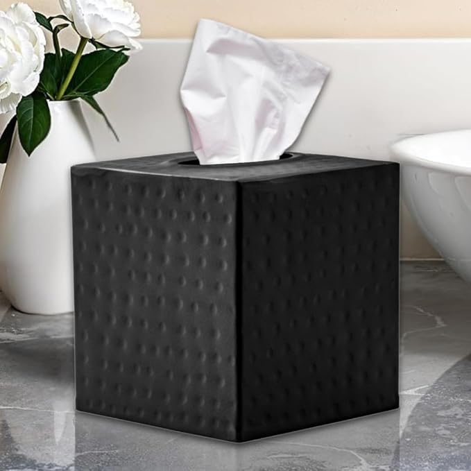 Monarch Abode Hand Hammered Tissue Box Cover Square, Matte Black Tissue Holder for Bathroom, Square Metal Dresser Accessories, Decorative Tissue Box Holder, Matte Black Handcrafted Tissue Cover