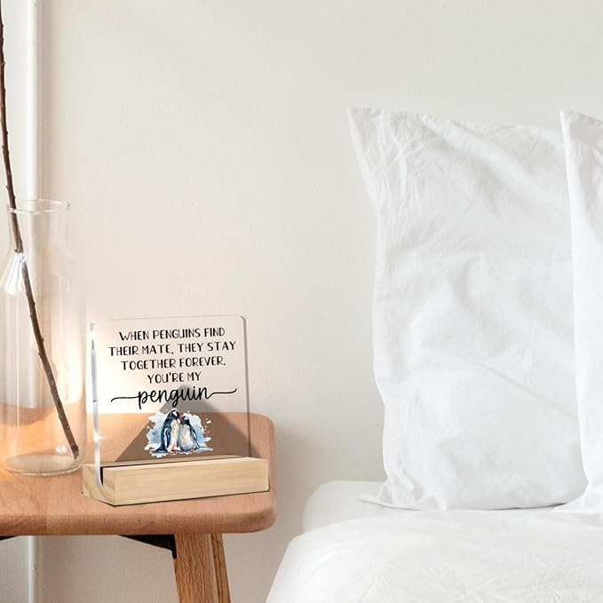 I Love You Gifts for Her Him Cute Penguin Gifts for Girlfriends Boyfriends Anniversary Sign Desk Decorative Signs Plaques 4 x 4 Inches acrylic