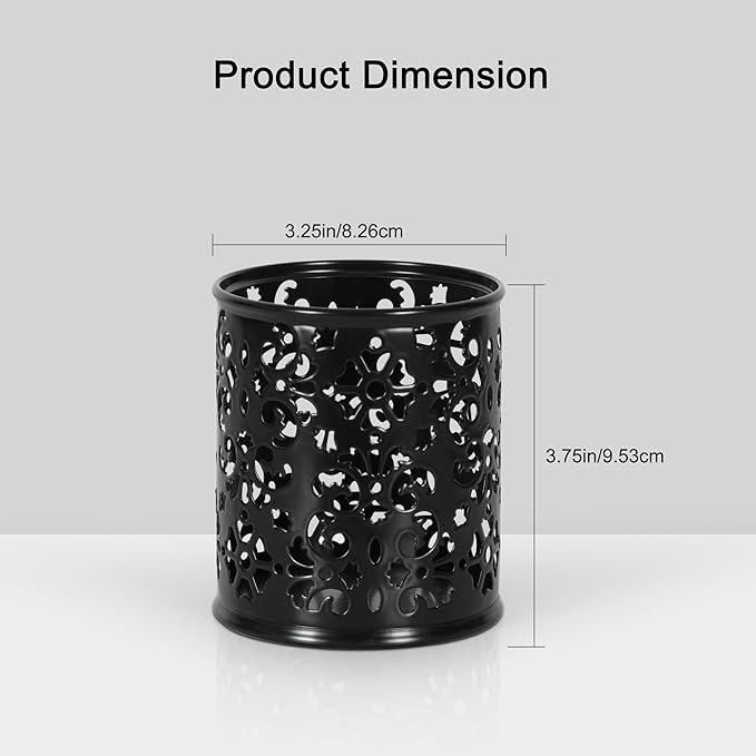 EasyPAG 2-Pack Round Carved Hollow Pen Holder with Non-Slip Base, 3.75" Vibrant Desk Organizer for Office/Home/Makeup, Black
