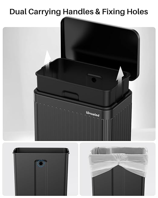 Lovewind 60 Liter/ 16 Gallon Stainless Steel Trash Can with Soft-Close Lid, Large Footstep Garbage Can with Roman Texture, Removable Inner Buckets, Recycling Bin for Kitchen Office, Black