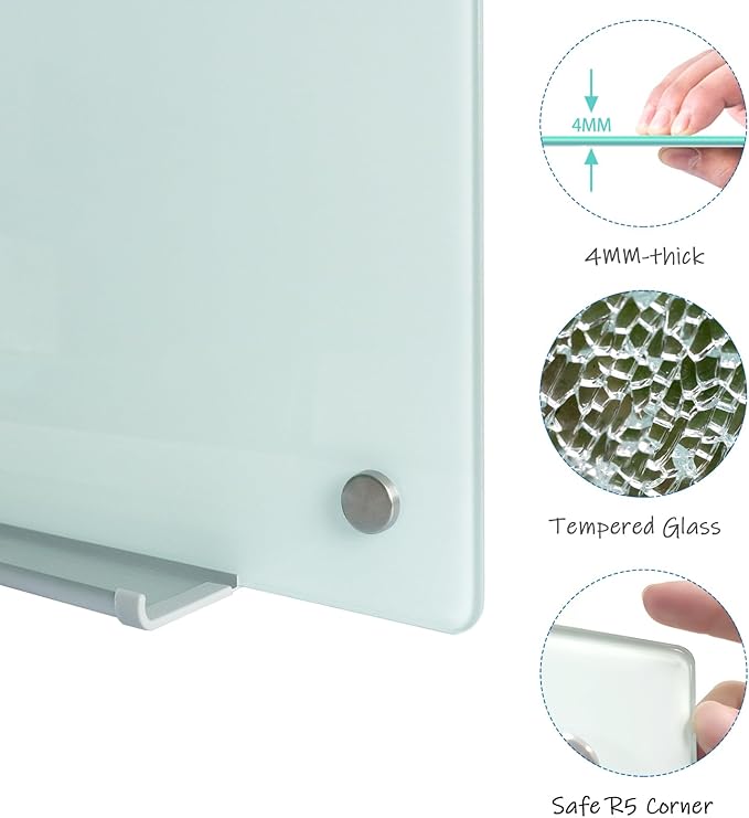 Glass Magnetic Dry Erase Board 60"x40" Frameless Wall Mounted Glass Whiteboard for Wall, Magnetic White glassboard 60"x40" for Office, Home & School