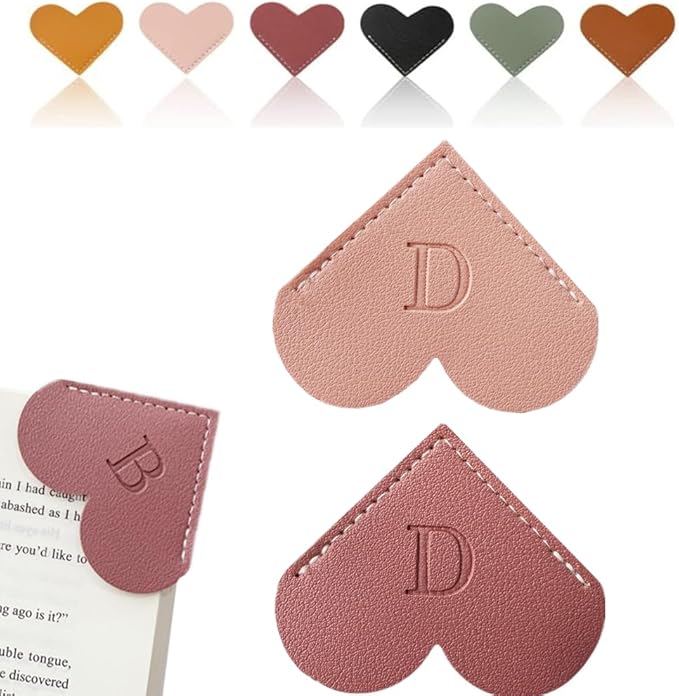 Personalized Leather Heart Bookmark, 26 Letters Customized Corner Book Mark for Reading Women, Book Marker with Initials，Cute Gifts (Light Pink+Deep Pink, D)