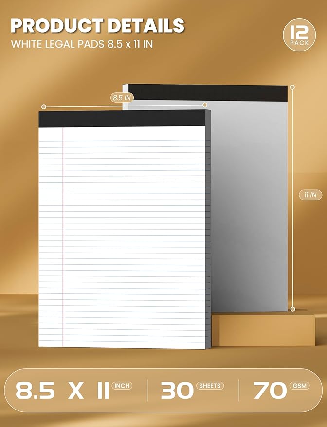 12 Pack White Legal Pads 8.5 x 11 College Ruled, 30 Sheets Per Note Pads 8.5 x 11, Perforated White Lined Paper Pads 8.5 x 11, Writing Pads with Sturdy Backing, Legal Notepads for School, Office, Home