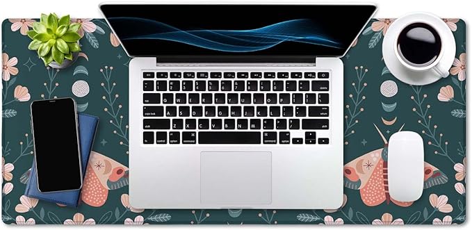 SSOIU Extended Gaming Mouse Pad (35.5x15.7 in), Large Non-Slip Rubber Base Mousepad with Stitched Edges, Waterproof Keyboard Mouse Mat Desk Pad for Work, Game, Office, Home - Floral Moon Moth