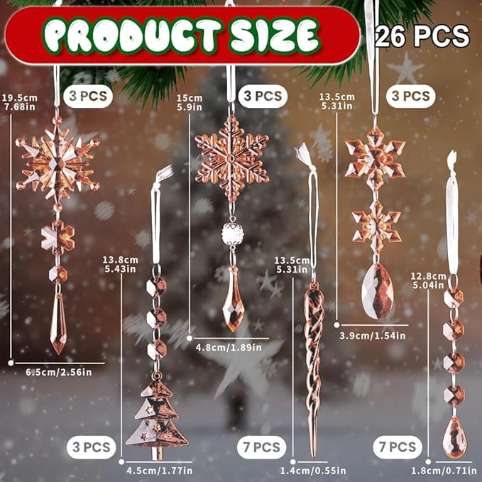 Lanpn 26pcs Christmas Ornaments Crystal Christmas Tree Decoration, Hanging Clear Acrylic Snowflake Icicle Drop Pendants for Xmas Winter Outdoor Indoor Party Decoration Gold