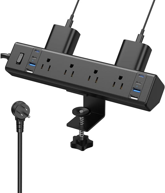 Desk Clamp Power Strip, 40W Total Fast Charging Station, Desk Edge Mount Power Strip, 8 USB Ports(4 USB C) & 8 AC Outlets, Fit 1.9" Tabletop Edge(6Ft 14AWG Cable)