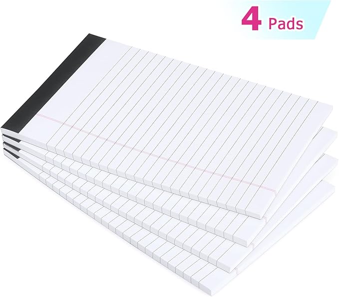 ZZTX Legal Pads Note Pads 5 x 8 Inch Lined Writing Pads, 50 Sheets Per Writing Pad, 4 Pack (White)