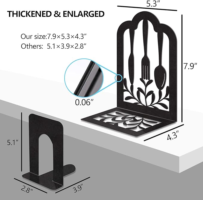 Book Ends,Metal Bookend,Bookend Decorative Heavy Book Ends for Shelves, Home Decorative Bookends for Heavy Books,Non-Skid Black Book Holder for Kitchen Housewarming Cooking Lover Gifts
