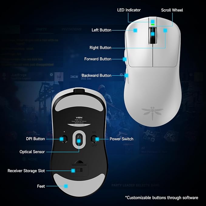 VGN F1 Pro Max Wireless Gaming Mouse - 55g Ultralight - 26000 Adjustable DPI - 1000Hz Polling Rate - 200h Battery - Wireless & Wired Mode - 6 Programmable Buttons - Professional Grade - USB-C - White