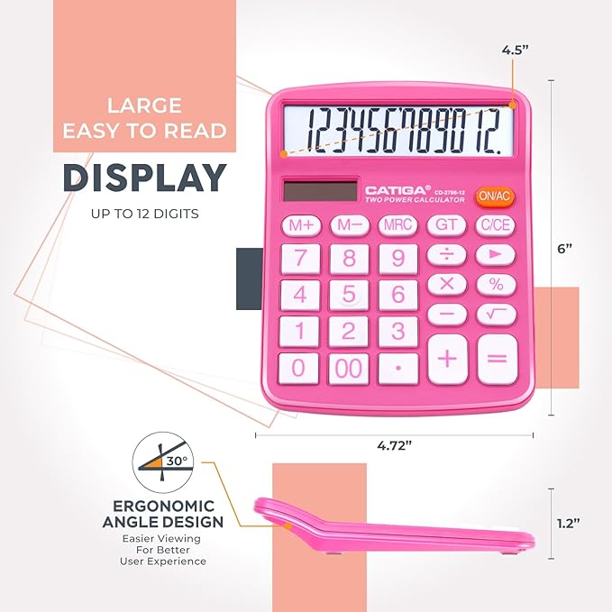 12 Digit Desktop Calculator with Large LCD Display and Sensitive Button, Dual Solar Power and Battery, Standard Function for Office, Home, School, CD-2786