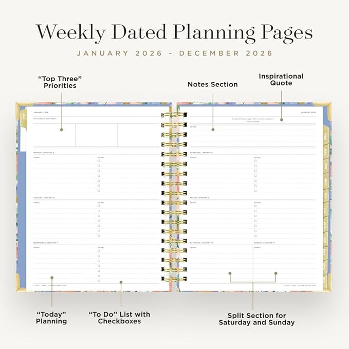 Day Designer 2026 Weekly Planner – Premium Planner for Stylish Organization. Combines Weekly & Monthly Calendars, Daily Schedule, Notes Pages, Goal Setting, Stickers, Pocket & More. Elegant Laminated Cover with Gold Accents (Lorelei Design - 2026)