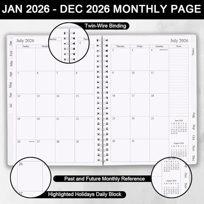 2026 Planner - Monthly Planner Runs January 2026 to December 2026, 6.25" x 8.25", 12 Monthly Tabs, 14 Notes Page, Inner Pocket, Flexible Cover with Twin-Wire Binding, Planners 2026, Black