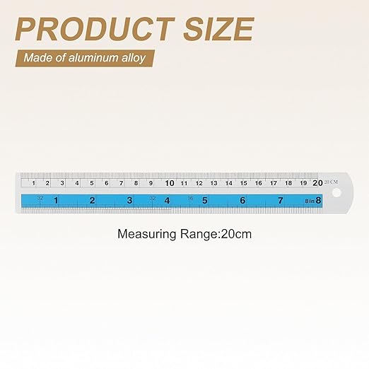 HARFINGTON 6pcs Metal Straight Ruler 20cm Metric SAE Aluminum Alloy Measuring Rulers Scale Tools with Hole for Measure Study Reading Classroom Office, Blue