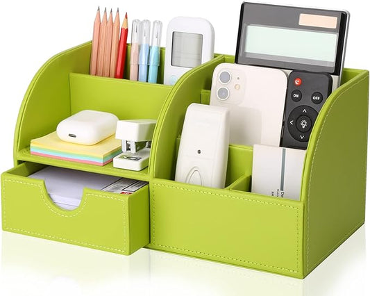 KINGFOM Pu Leather Desk Organizer Pen Pencil Holder Office Supplies Caddy Storage Box 6 Compartments with Drawer Green