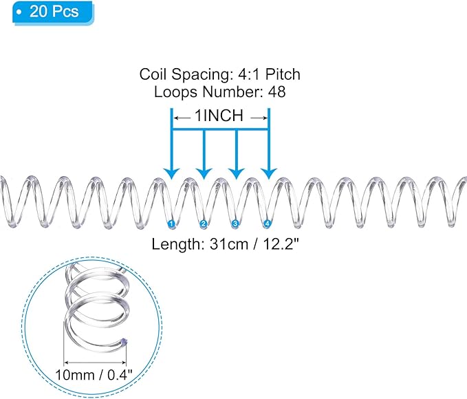PATIKIL 10mm(3/8") Plastic Spiral Binding Coils, 20 Pcs Binding Spirals 50 Sheet Capacity 4:1 Pitch Binding Spirals for Binding Paper Sheets, Transparent