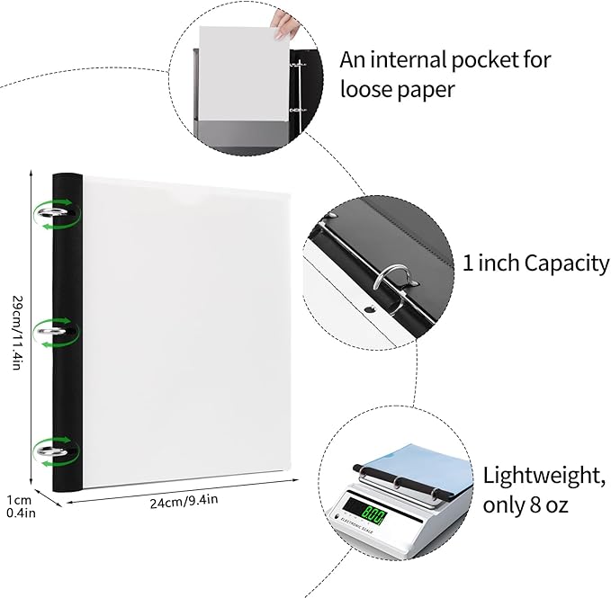 360 Degree Pivotable Binder, Upgraded 3 Ring Binder 1 inch, Flexible Binders 3 Ring, Foldable Three Ring Binders- White