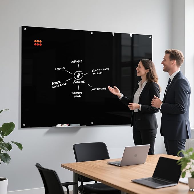 MaxGear Glass White Boards 72x48 Inches, Wall Mounted Magnetic Glass Dry Erase Board Black, Large Frameless Whiteboard with 1 Eraser,3 Markers and 6 Magnets for Office, School, Home