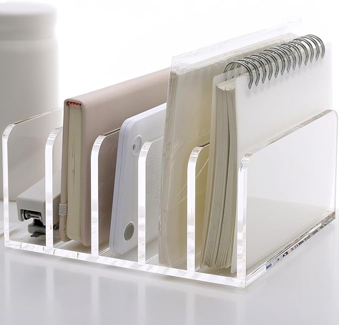SANRUI Acrylic Desk File Organizer Holder, 5 Upright Clear Desktop Mails Sorter Document Magazine Storage Organization Letter Folder Racks for Home, Office & Classroom