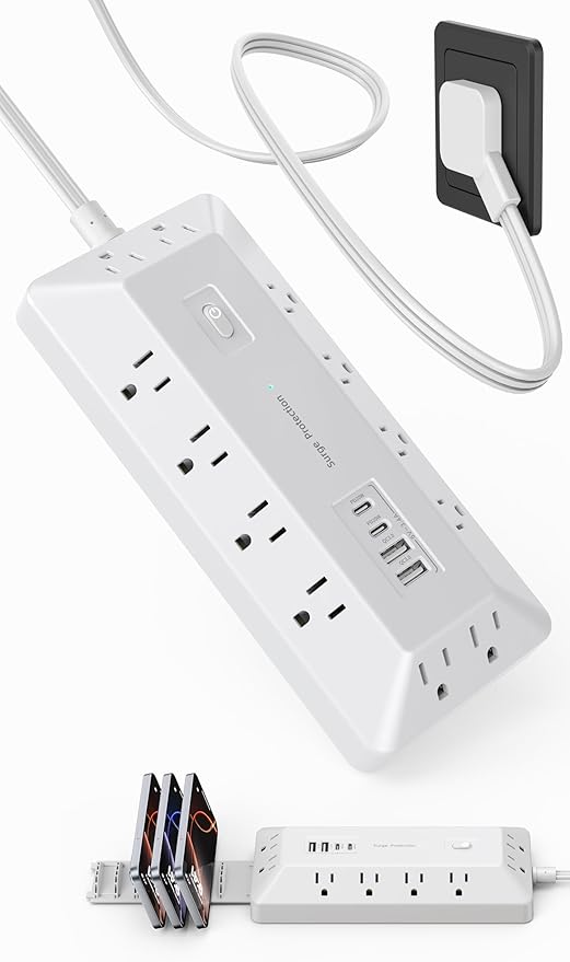 Surge Protector Power Strip with USB Ports, 12 Outlets 2 USB-C 2 USB-A, 6 Ft Flat Plug Extension Cord, Multi Plug Outlet with Phone Holder for Desk, Office, Home, Dorm, UL Certification (White)