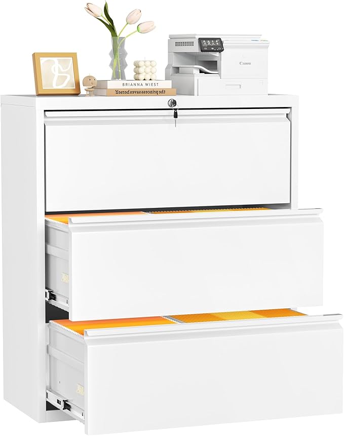 INTERGREAT 3 Drawer Lateral File Cabinet with Lock, 28" W White Lateral Filing Cabinet for Legal/Letter A4 Size, Locking File Cabinet for Home Office