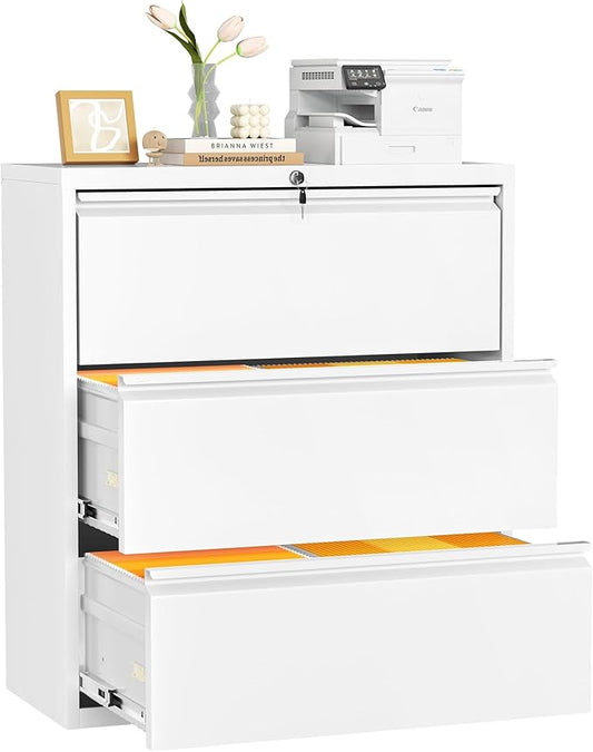 INTERGREAT 3 Drawer Lateral File Cabinet with Lock, 28" W White Lateral Filing Cabinet for Legal/Letter A4 Size, Locking File Cabinet for Home Office
