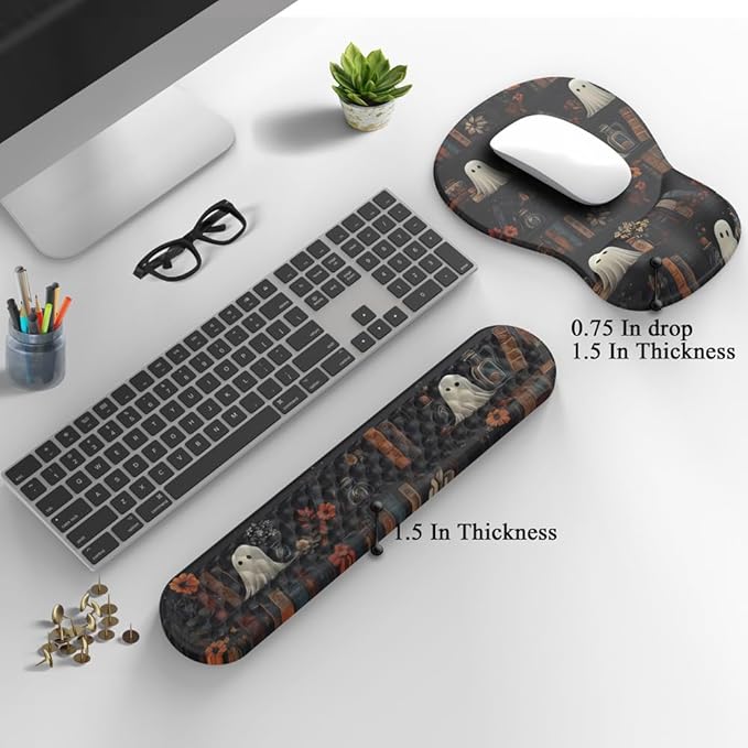 Ghost Book Mousepad with Wrist Rest Halloween Computer Keyboard Mouse Pad Black Cute, Mouse Pad with Wrist Rest for Computer Keyboard, 2 In1 Mousepad with Wrist Support Easy Typing&Relieve Wrist Pai