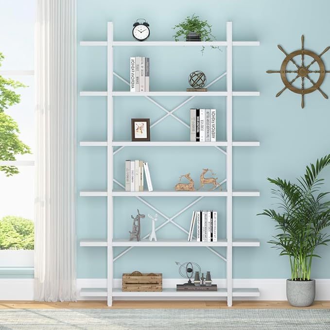 HSH 6 Tier Tall White Bookshelf, Industrial Modern Vertical Metal and Wood White Bookcases 6 Shelf,Farmhouse Open Large Storage Book Shelves & Display Book Shelf for Bedroom Living Room Office