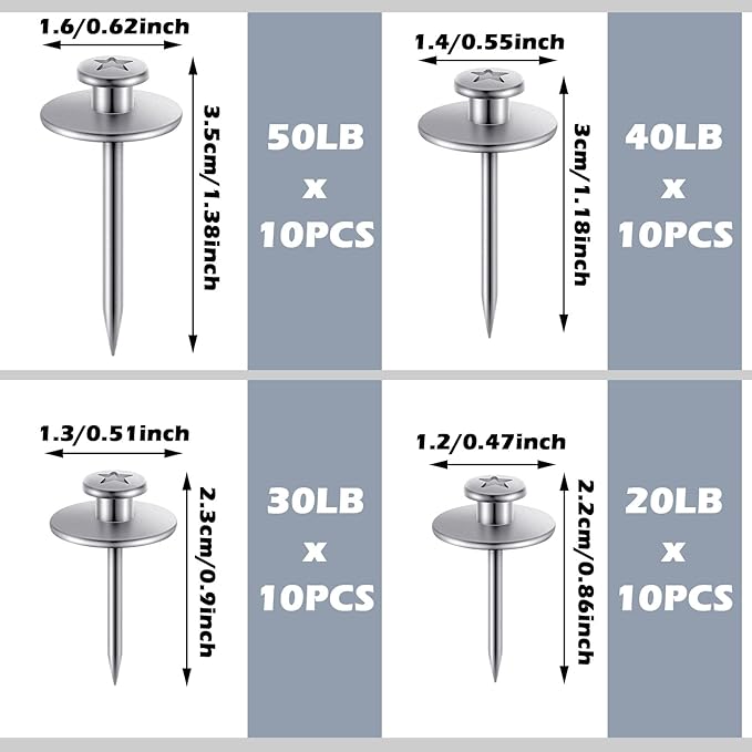 Zhengmy 40 Pcs Double Headed Picture Hangers Nails 4 Size Long Thumb Tacks Wall Nails for Hanging Pictures Decorative Push Pins Hooks for Drywall Photo Office Home Decor, 20/30/ 40/ 50lb(Silver)