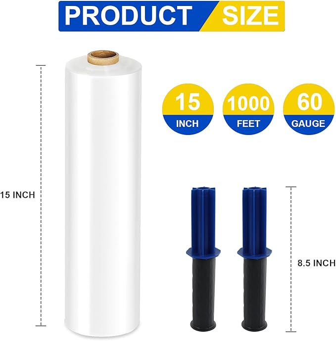 Stretch Film, RAZCC Stretch Wrap Industrial Strength, Shrink Wrap for Pallet Wrap, Heavy Duty Clear Plastic Wrap with Handles, Moving Wrapping Plastic Roll, 15" x 1000 Ft Per Roll, 60 Gauge, 2 Pack