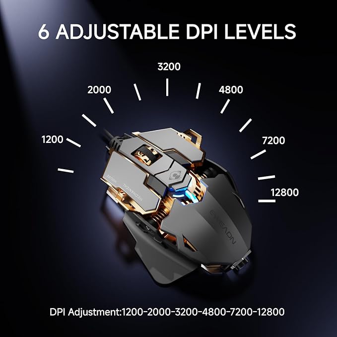 EWEADN G5 Wired Gaming Mouse, Ergonomic RGB Computer Mouse, 12800 Adjustable DPI, 9 Programmable Macro Buttons with Rapid Fire Key Compatible for PC/Laptop/Windows-Grey
