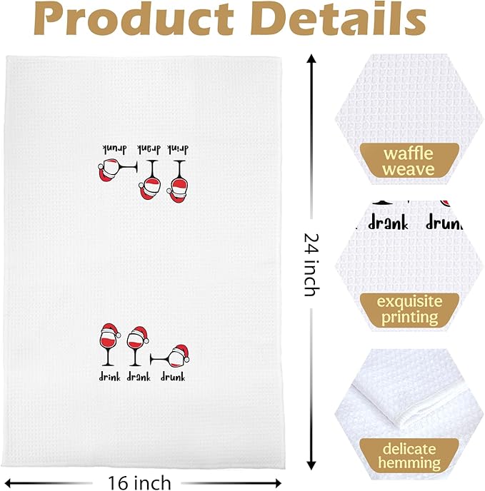 Christmas Wine Kitchen Towels - Funny Wine Gifts Waffle Decorative Dish Towels, Funny Christmas Hand Towel, Drink Drank Drunk Tea Towel, 16x24 Inches