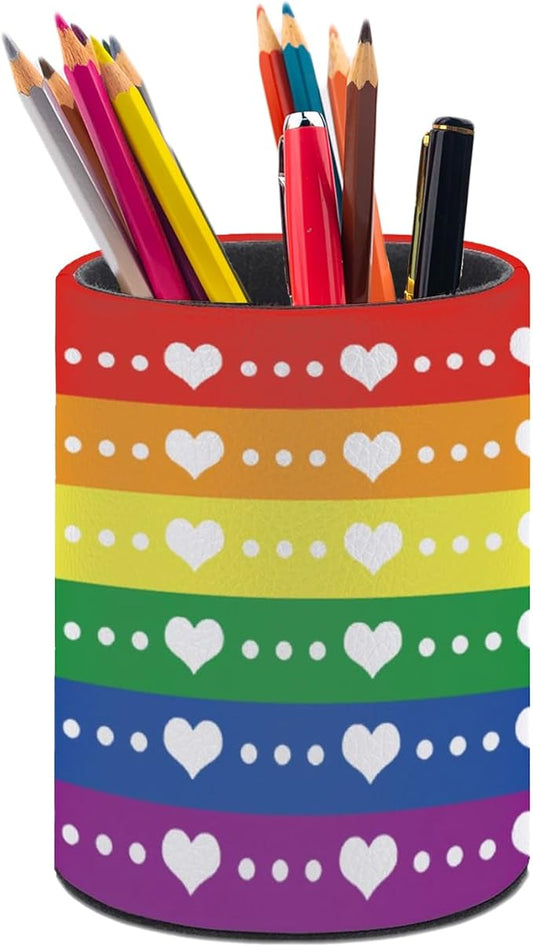 LGBT Rainbow Pride Flag Pen Holder Pencil Organizer Cute Pencil Cup Desk Decor Makeup Brush Holder PU Multifunctional Office Suppliesfor Home Classroom School
